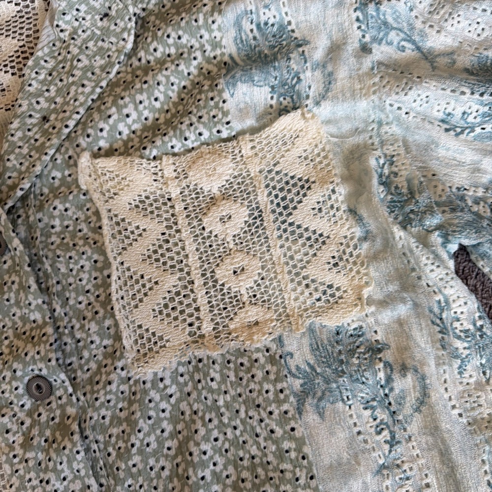 POL Patchwork Lace Blue Green Button Up Shirt Top… - image 4